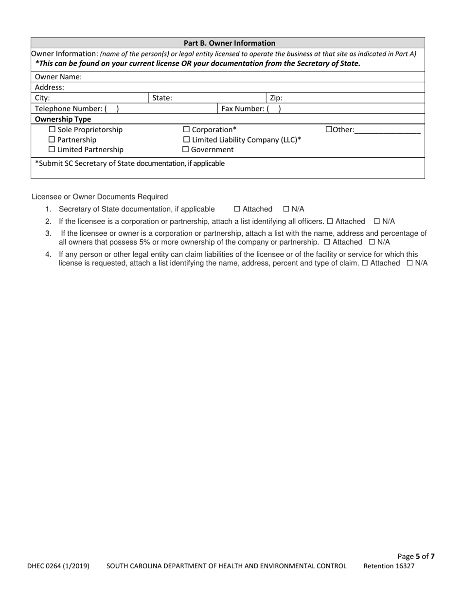DHEC Form 0264 Application for Body Piercing - South Carolina, Page 5