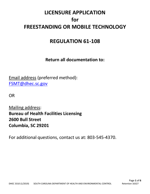 DHEC Form 3310 Application for Free Standing Mobile Technology - South Carolina