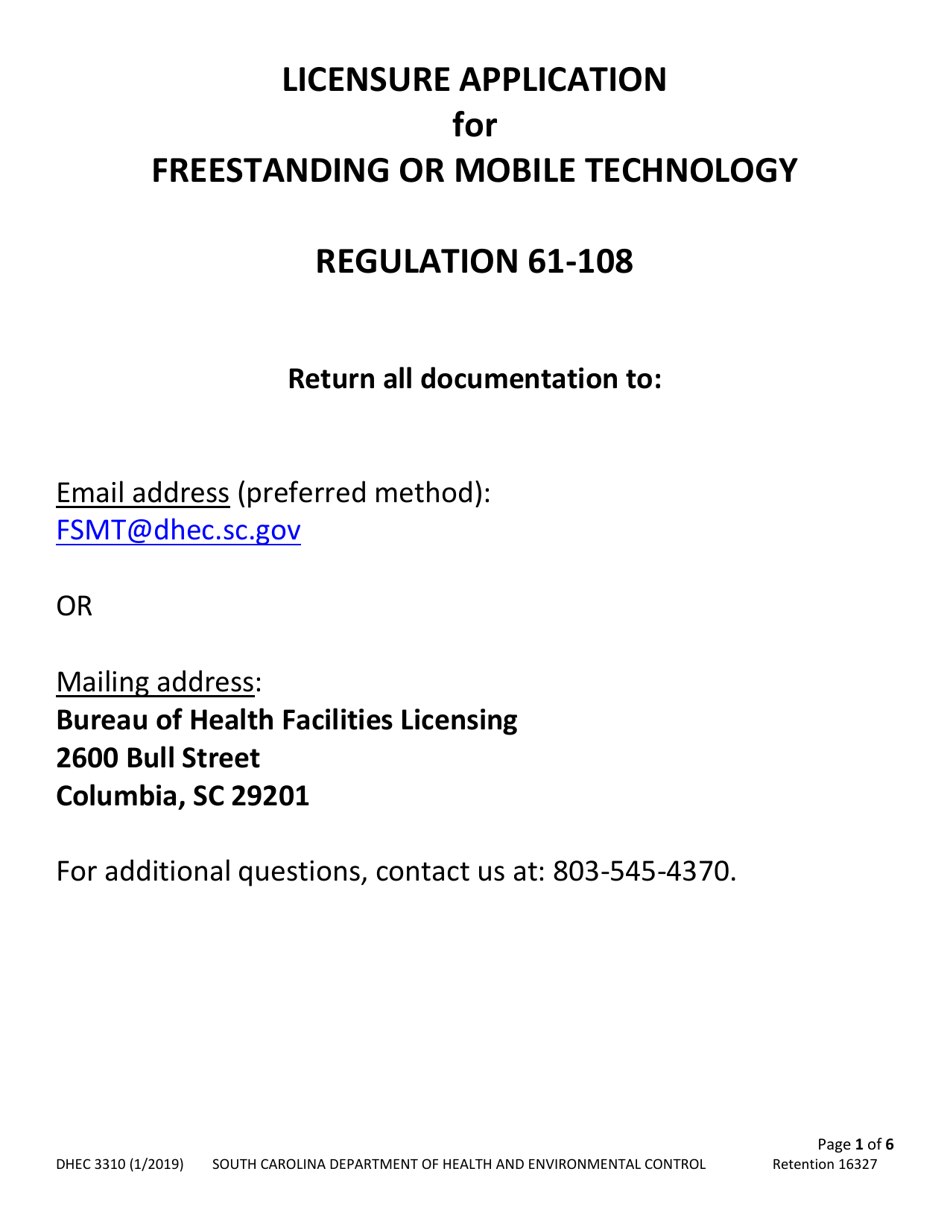 DHEC Form 3310 Application for Free Standing Mobile Technology - South Carolina, Page 1