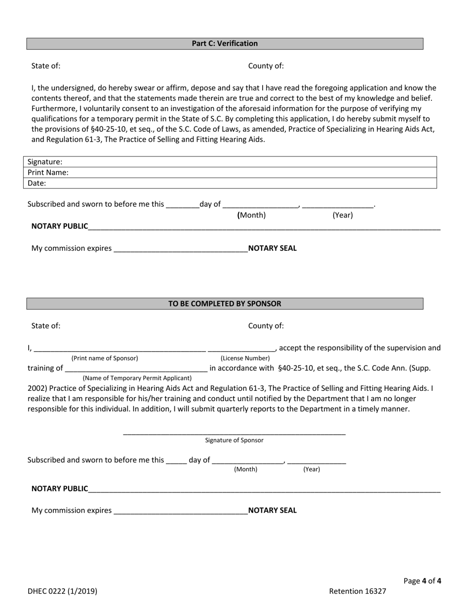 DHEC Form 0222 Application for Temporary Hearing Aid Permit Under Sponsorship of a Licensed Hearing Aid Specialist - South Carolina, Page 4