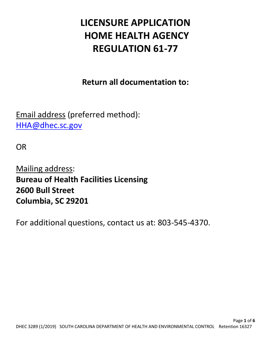 DHEC Form 3289 Application for Home Health Agency - South Carolina, Page 1