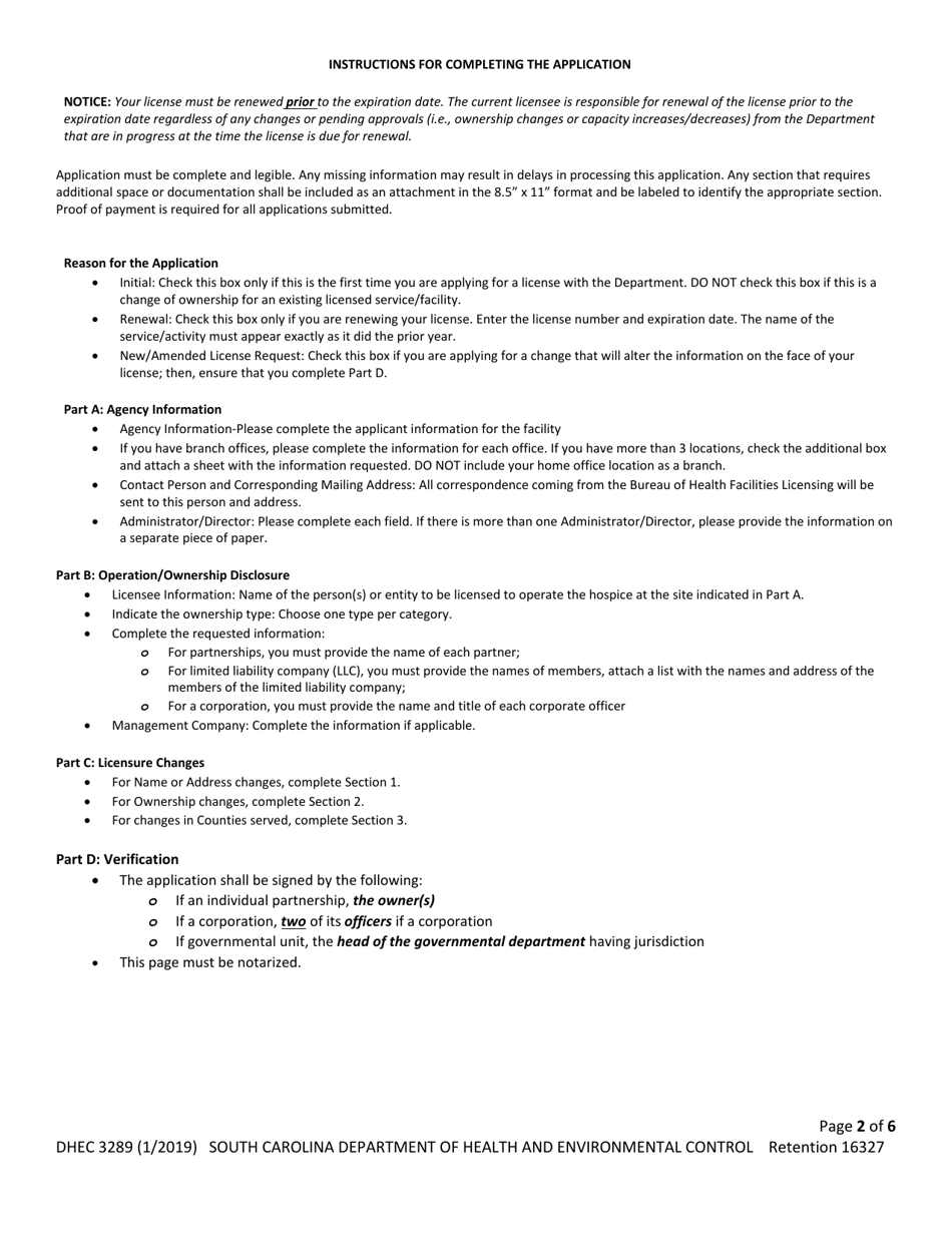 DHEC Form 3289 Application for Home Health Agency - South Carolina, Page 2