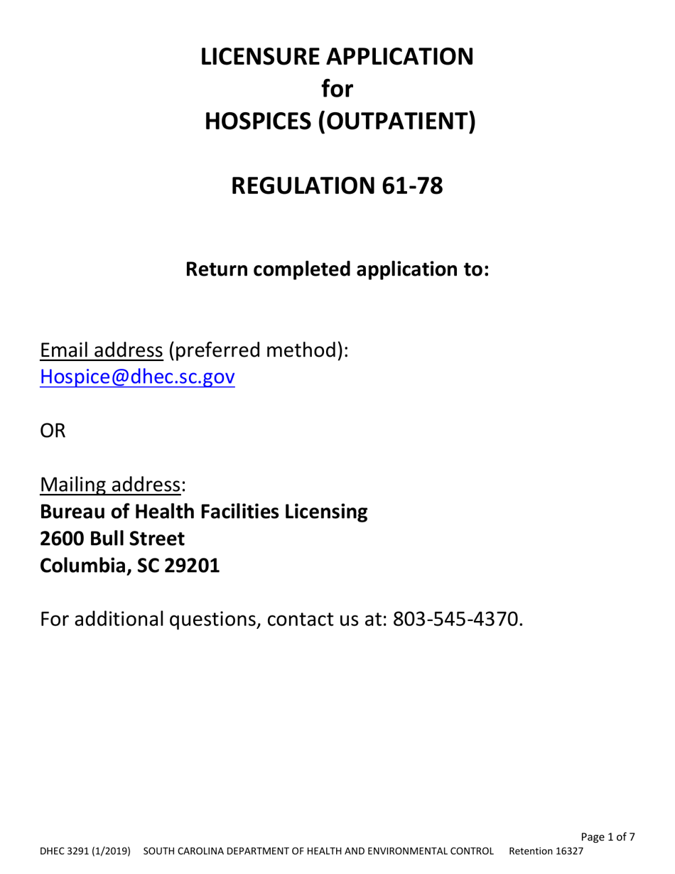 DHEC Form 3291 Application for Hospices (Outpatient) - South Carolina, Page 1