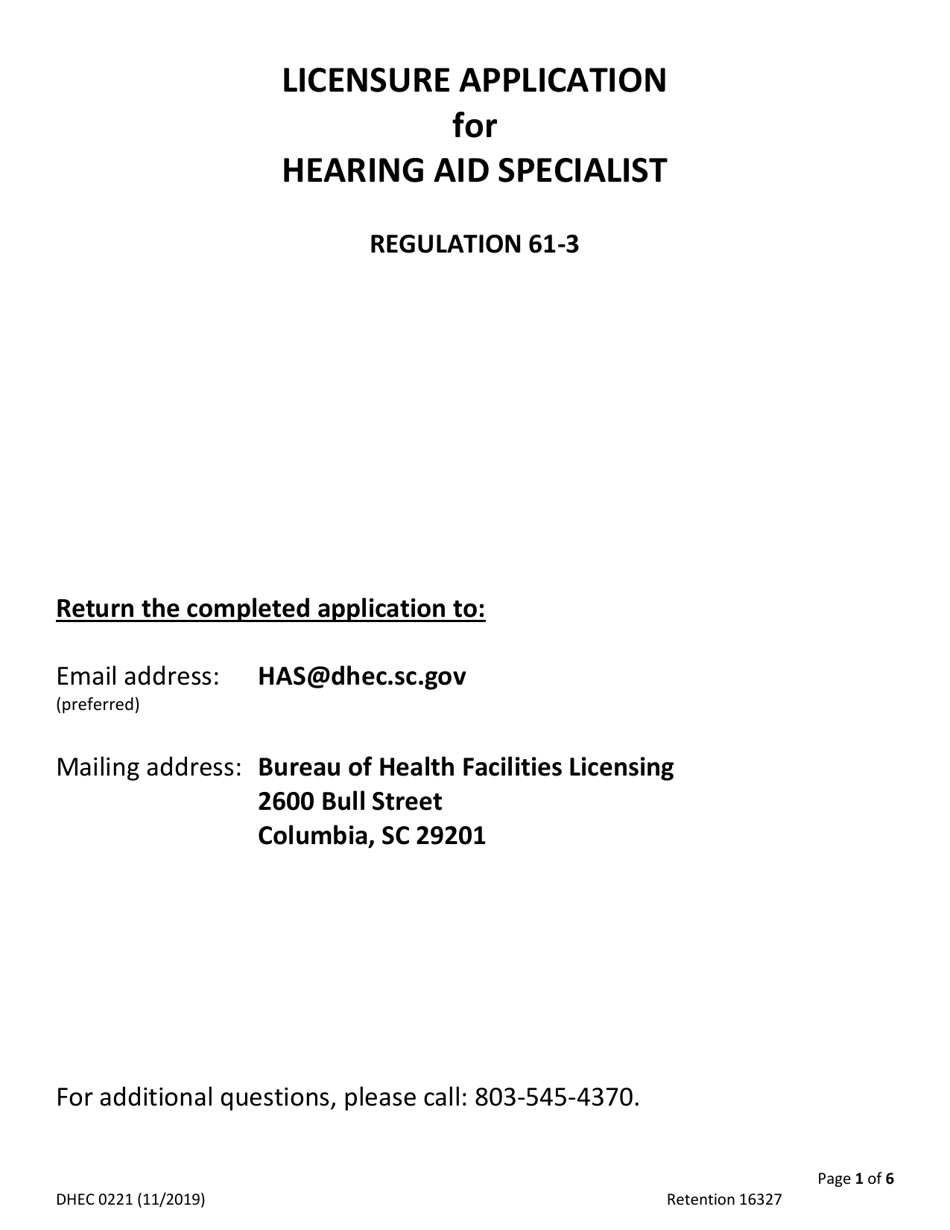 DHEC Form 0221 Application for Licensure of Hearing Aid Specialist - South Carolina, Page 1