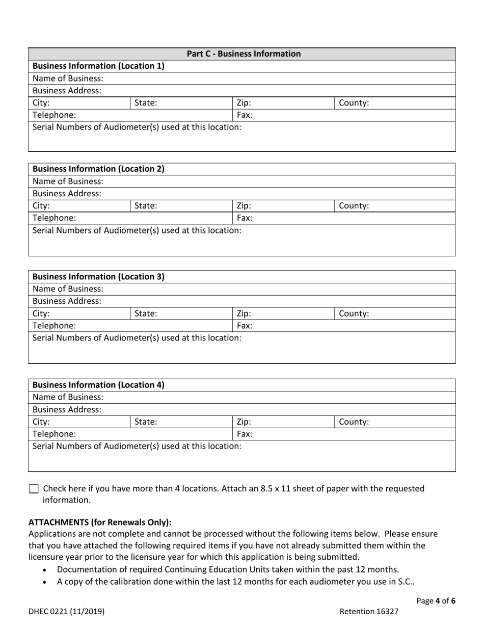 DHEC Form 0221 Application for Licensure of Hearing Aid Specialist - South Carolina, Page 4