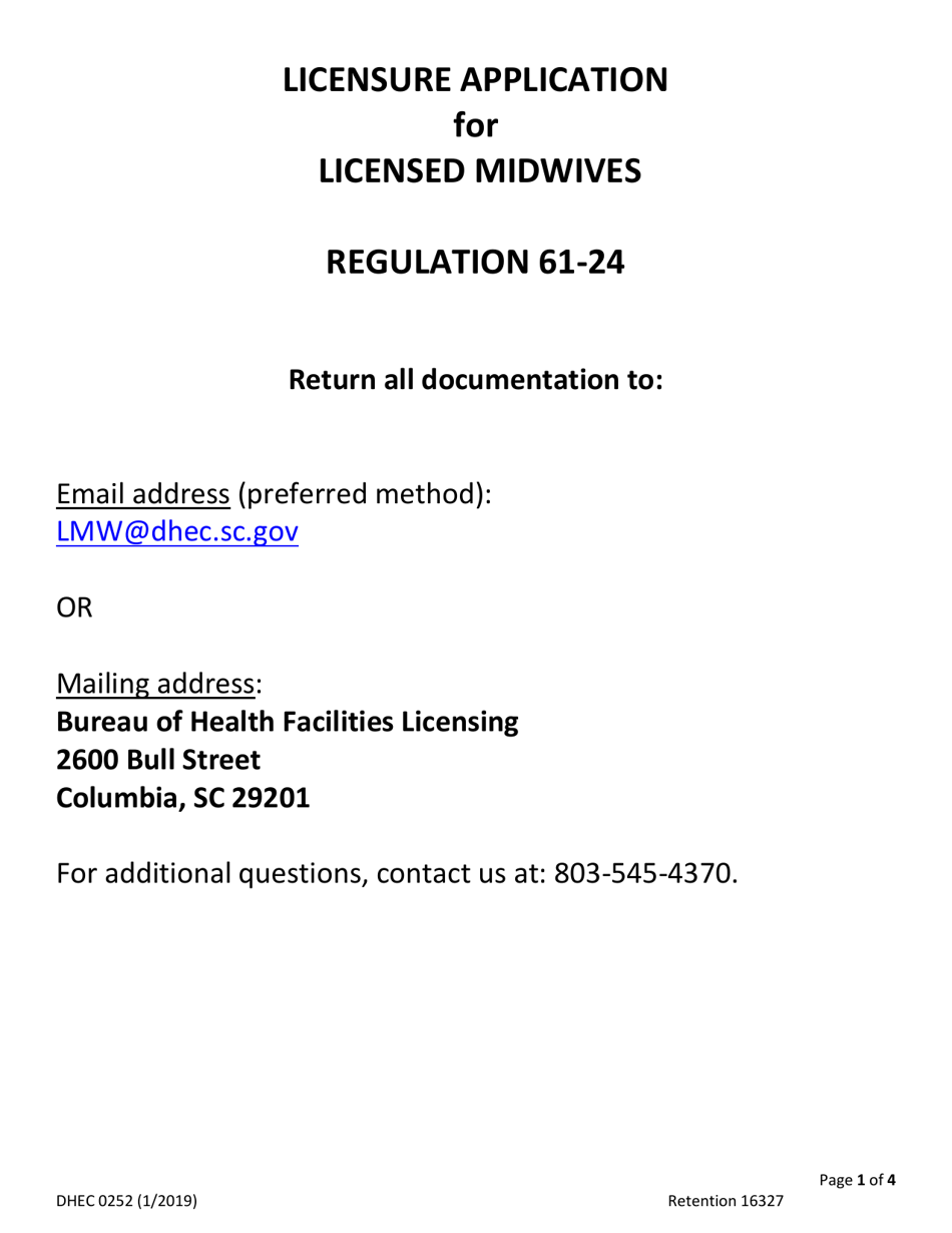 DHEC Form 0252 Application for Licensure for Midwives - South Carolina, Page 1