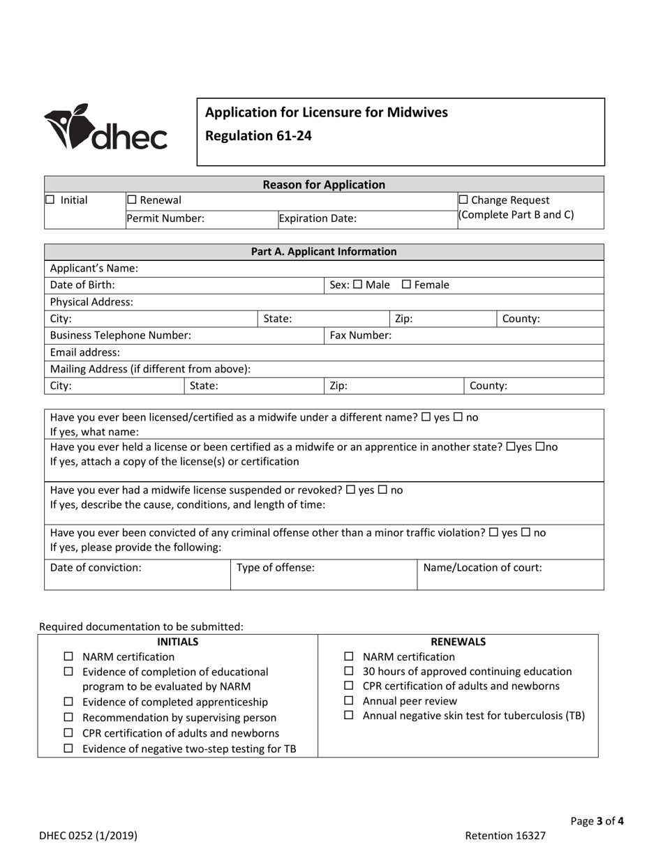 DHEC Form 0252 Application for Licensure for Midwives - South Carolina, Page 3