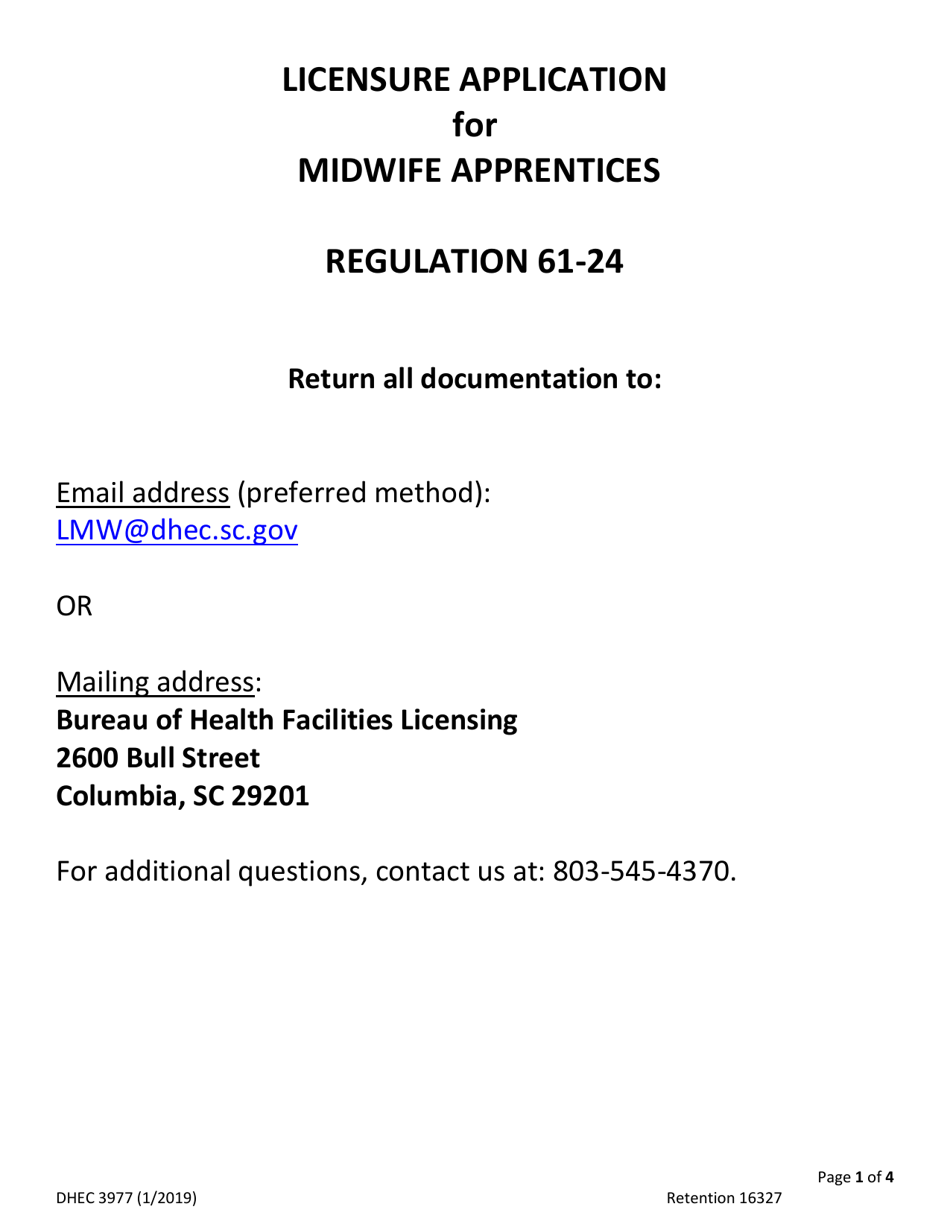 DHEC Form 3977 Application for Licensure for Midwife Apprentice - South Carolina, Page 1