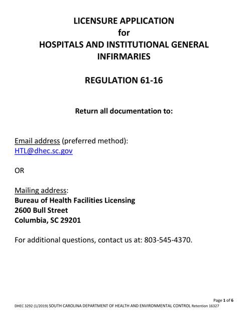 DHEC Form 3292 Hospitals and Institutional General Infirmaries - South Carolina