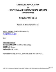 DHEC Form 3292 Hospitals and Institutional General Infirmaries - South Carolina