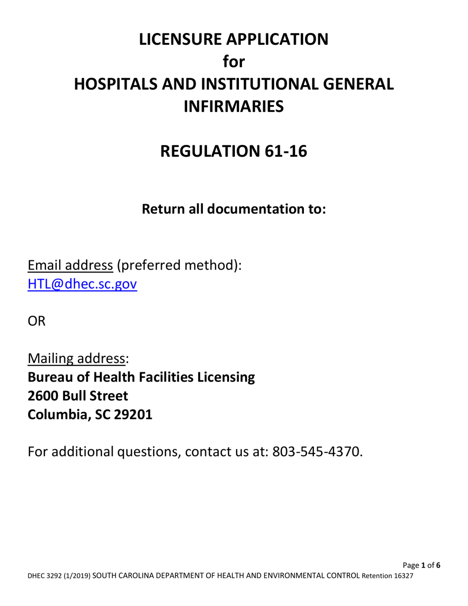 DHEC Form 3292 Hospitals and Institutional General Infirmaries - South Carolina, Page 1