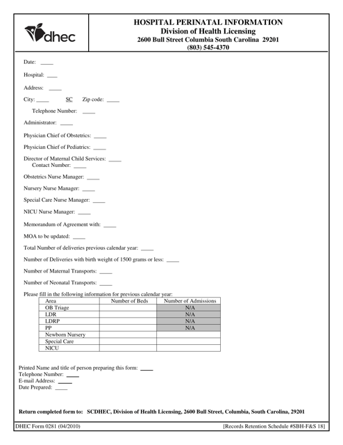 DHEC Form 0281  Printable Pdf