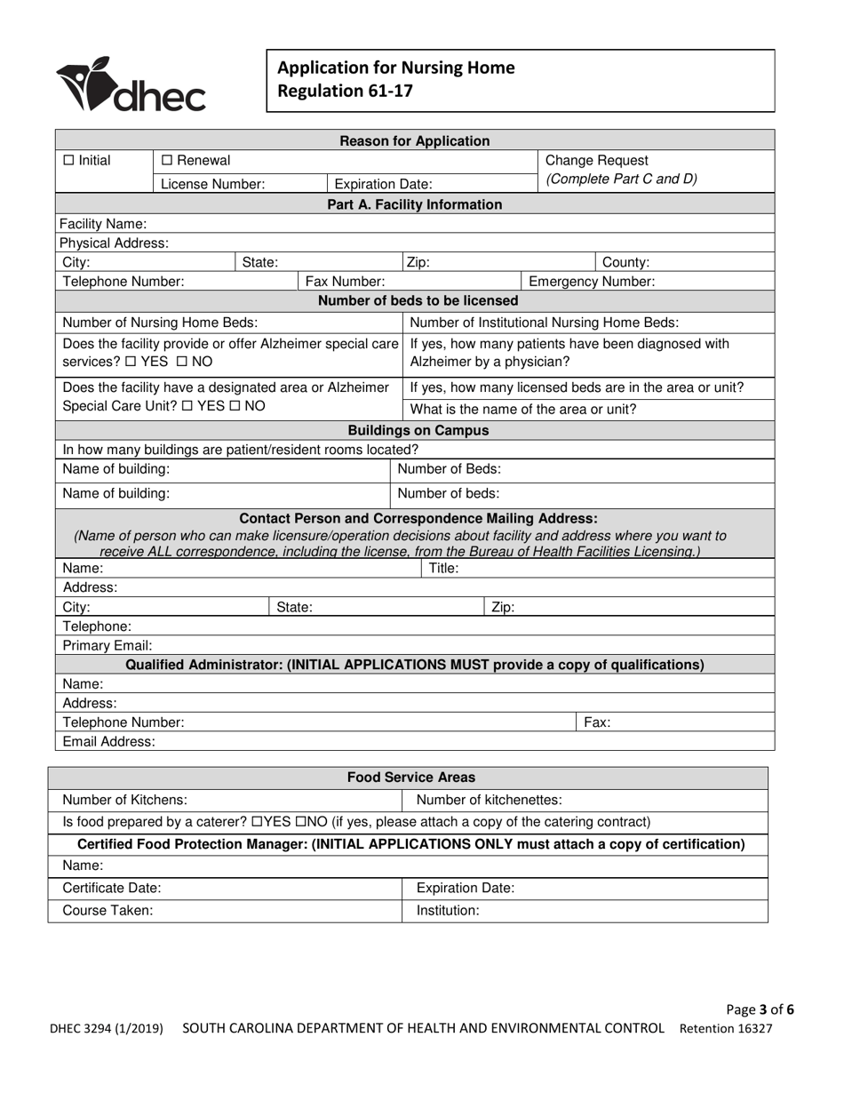 DHEC Form 3294 Application for Nursing Home - South Carolina, Page 3