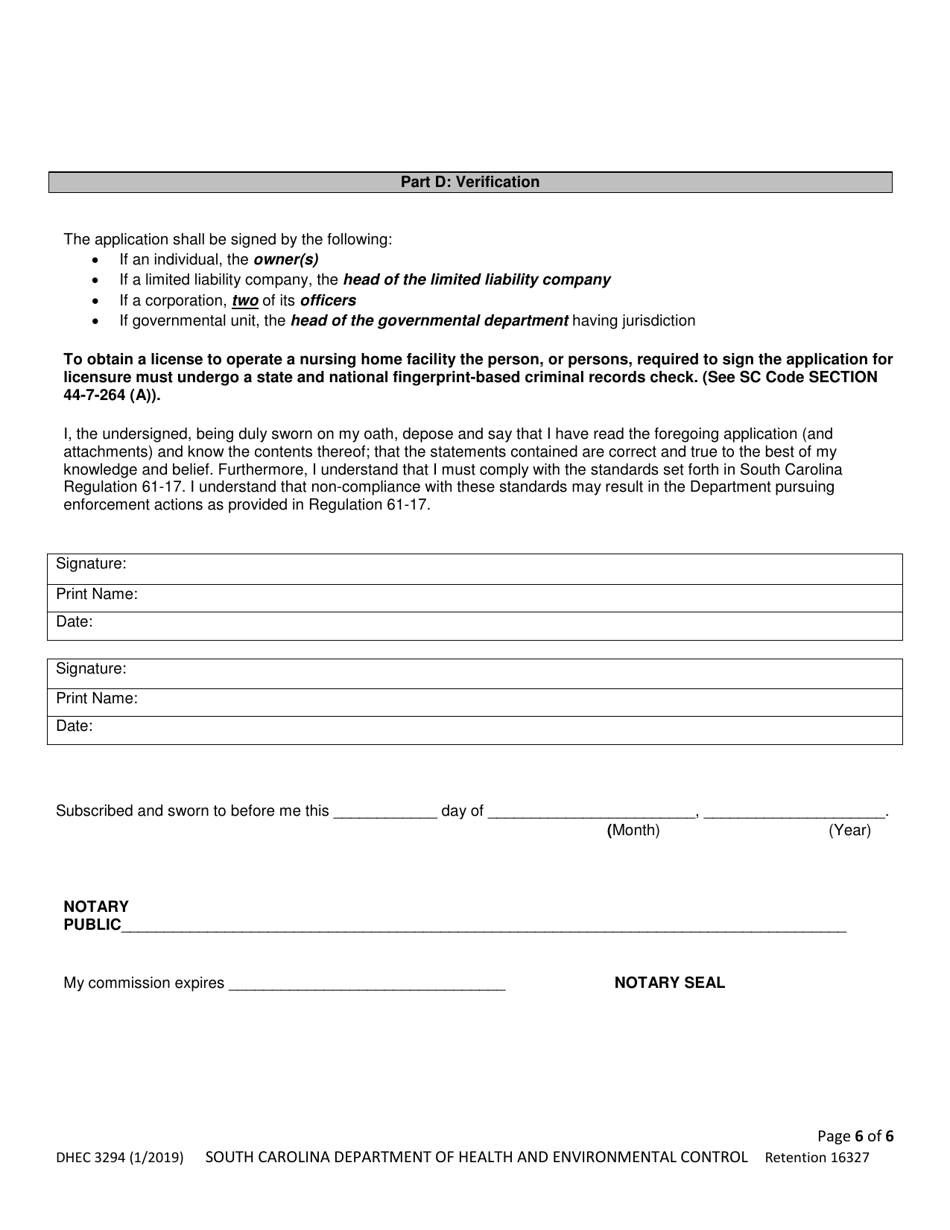DHEC Form 3294 Application for Nursing Home - South Carolina, Page 6