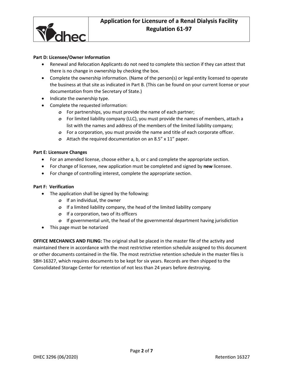 DHEC Form 3296 Application for Licensure of a Renal Dialysis Facility - South Carolina, Page 2