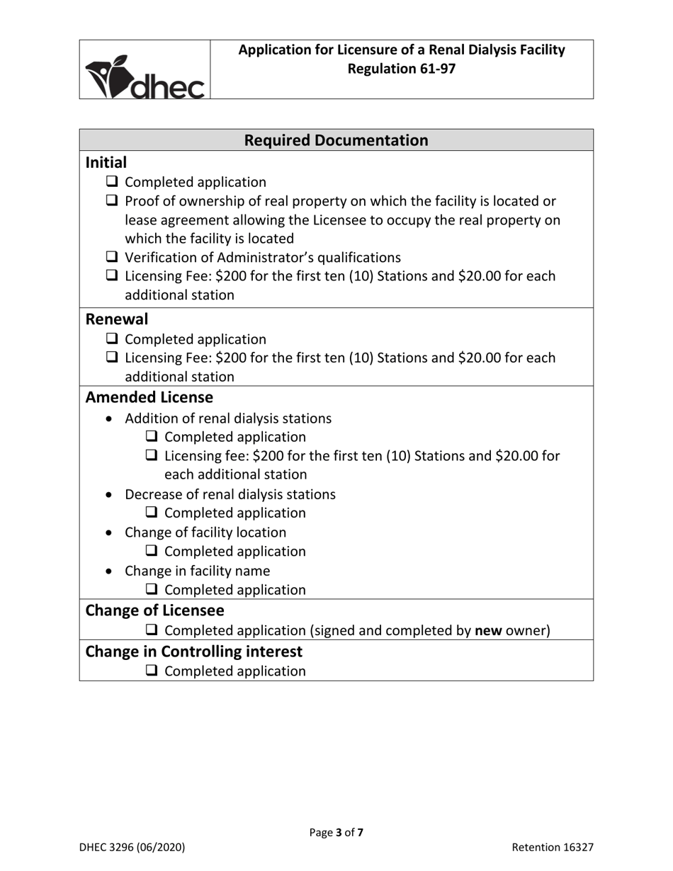 DHEC Form 3296 Application for Licensure of a Renal Dialysis Facility - South Carolina, Page 3