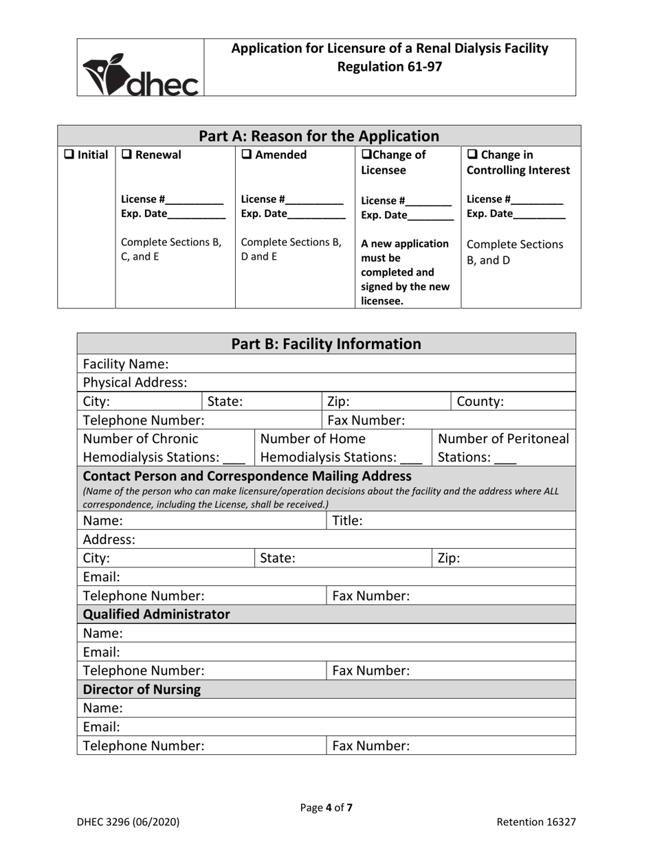 DHEC Form 3296 Application for Licensure of a Renal Dialysis Facility - South Carolina, Page 4