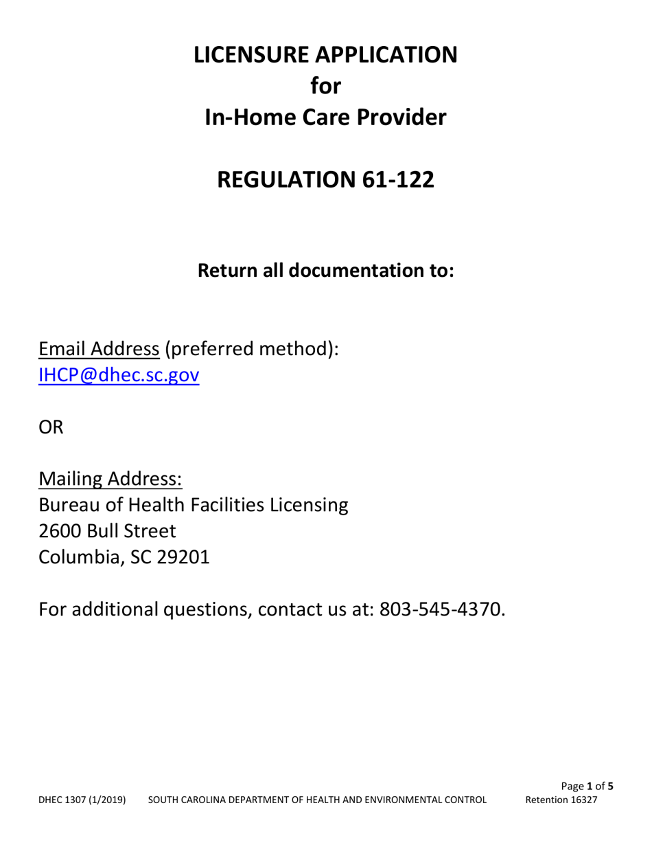 DHEC Form 1307 Application for in-Home Care Providers - South Carolina, Page 1