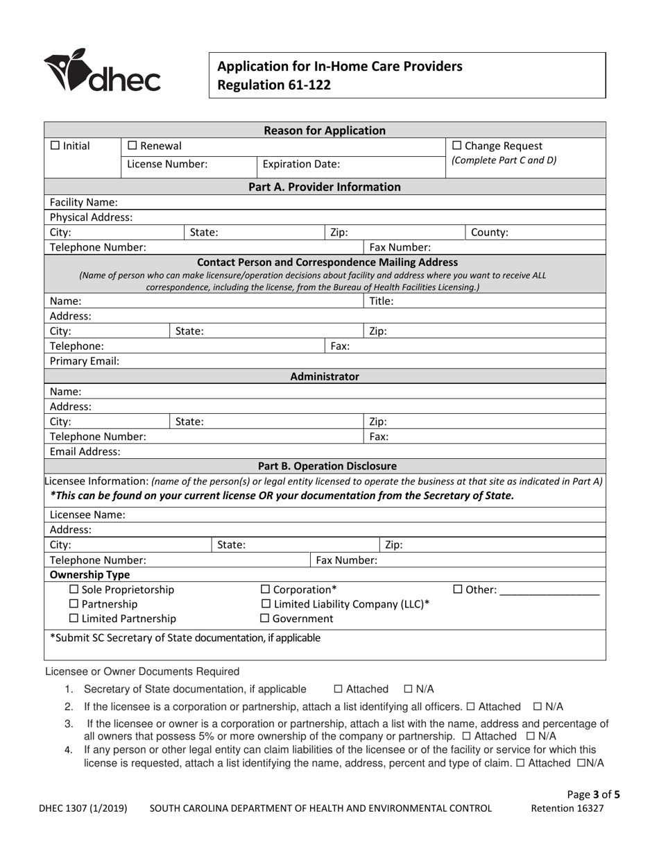 Dhec Form 1307 Download Fillable Pdf Or Fill Online Application For In