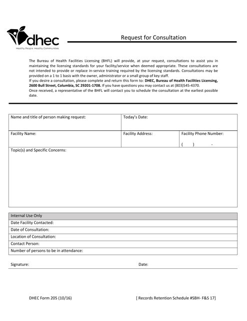 DHEC Form 205  Printable Pdf