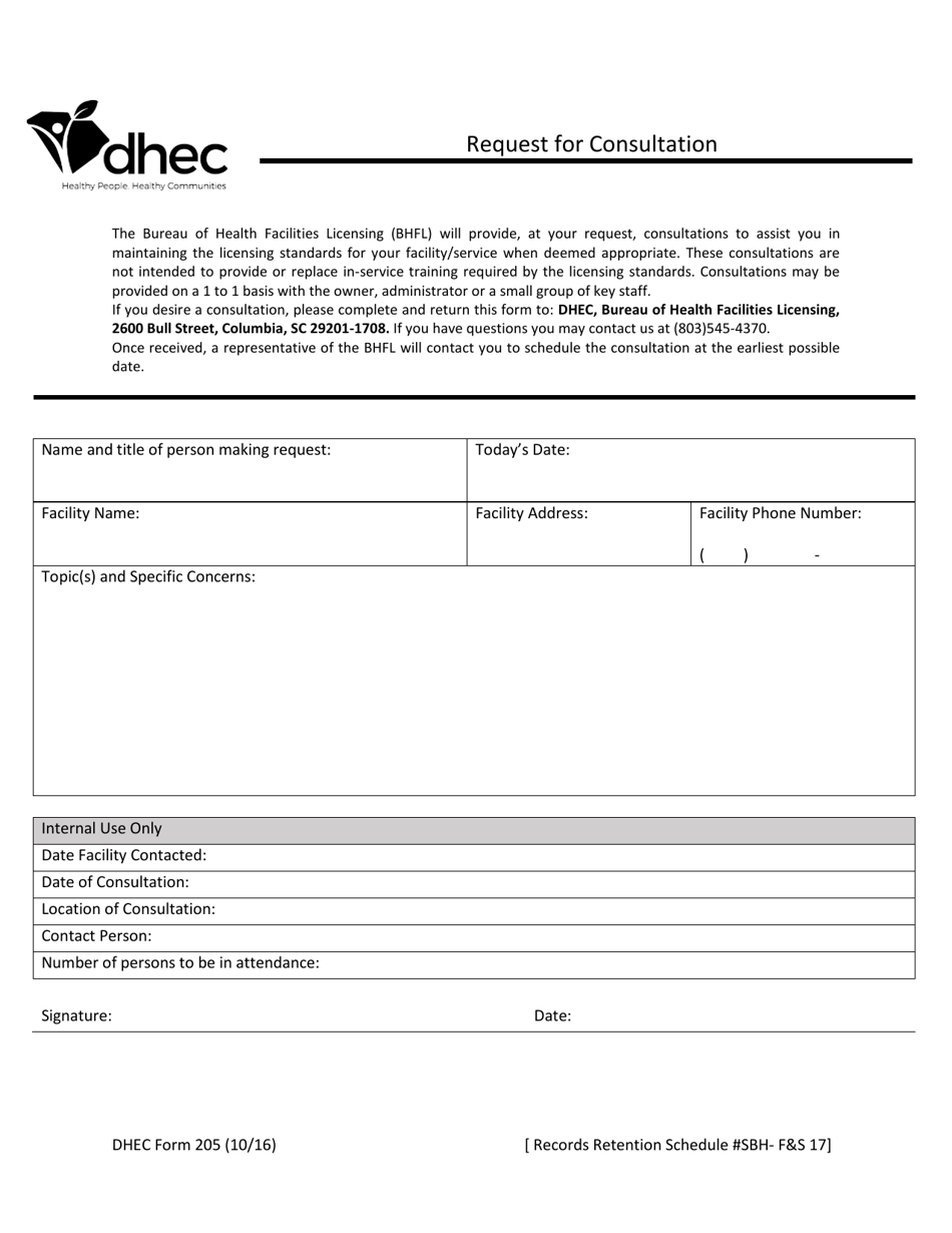 DHEC Form 205 Request for Consultation - South Carolina, Page 1
