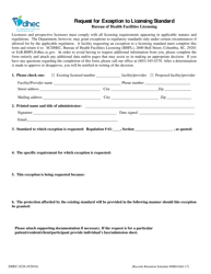 Document preview: DHEC Form 0226 Request for Exception to Licensing Standard - South Carolina