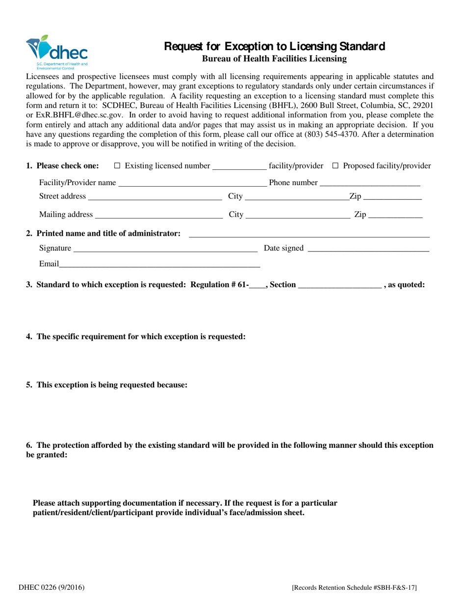 DHEC Form 0226 Request for Exception to Licensing Standard - South Carolina, Page 1