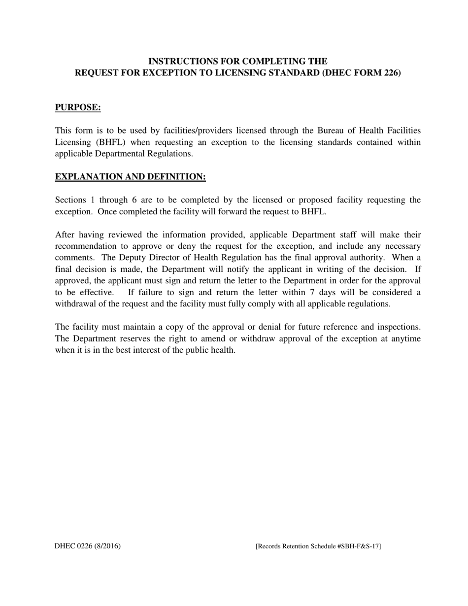 DHEC Form 0226 Request for Exception to Licensing Standard - South Carolina, Page 2