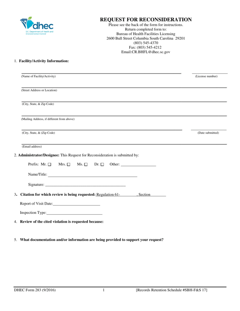 DHEC Form 283  Printable Pdf