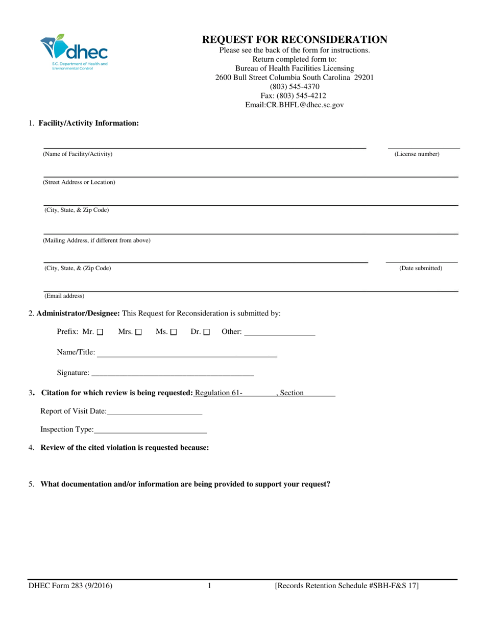 DHEC Form 283 Request for Reconsideration - South Carolina, Page 1