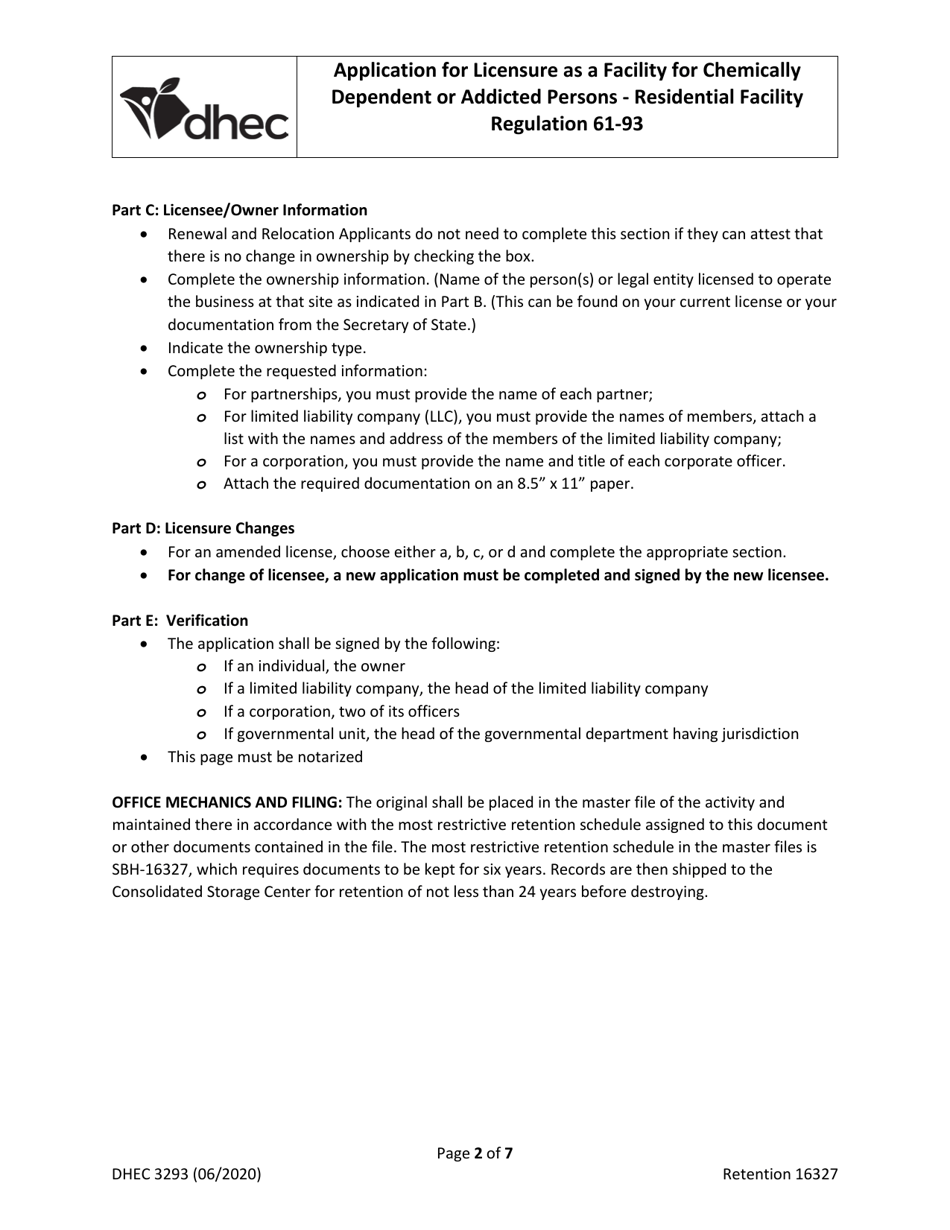 DHEC Form 3293 Application for Licensure as a Facility for Chemically Dependent or Addicted Persons - Residential Facility - South Carolina, Page 2