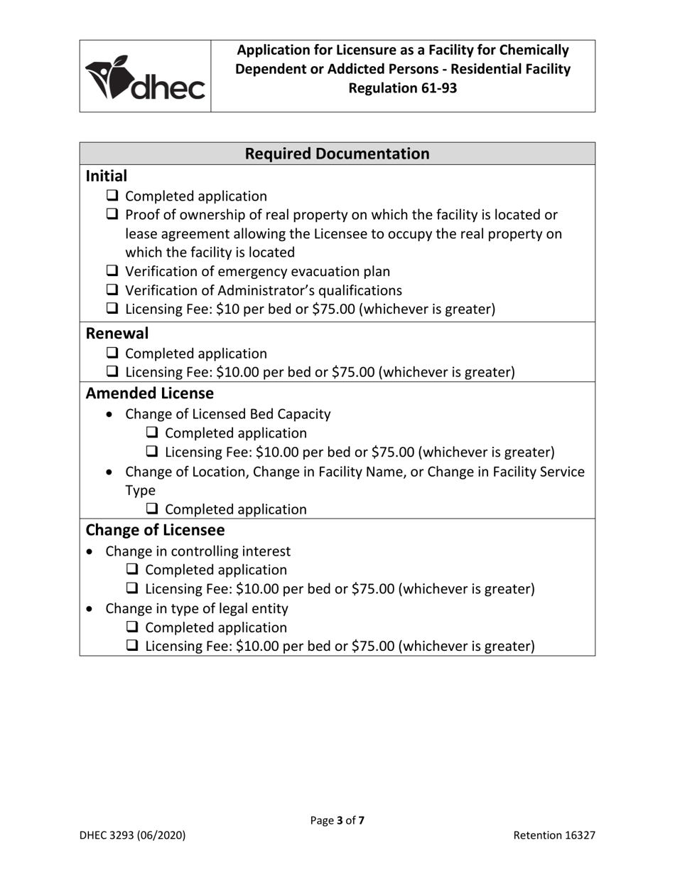 DHEC Form 3293 Application for Licensure as a Facility for Chemically Dependent or Addicted Persons - Residential Facility - South Carolina, Page 3