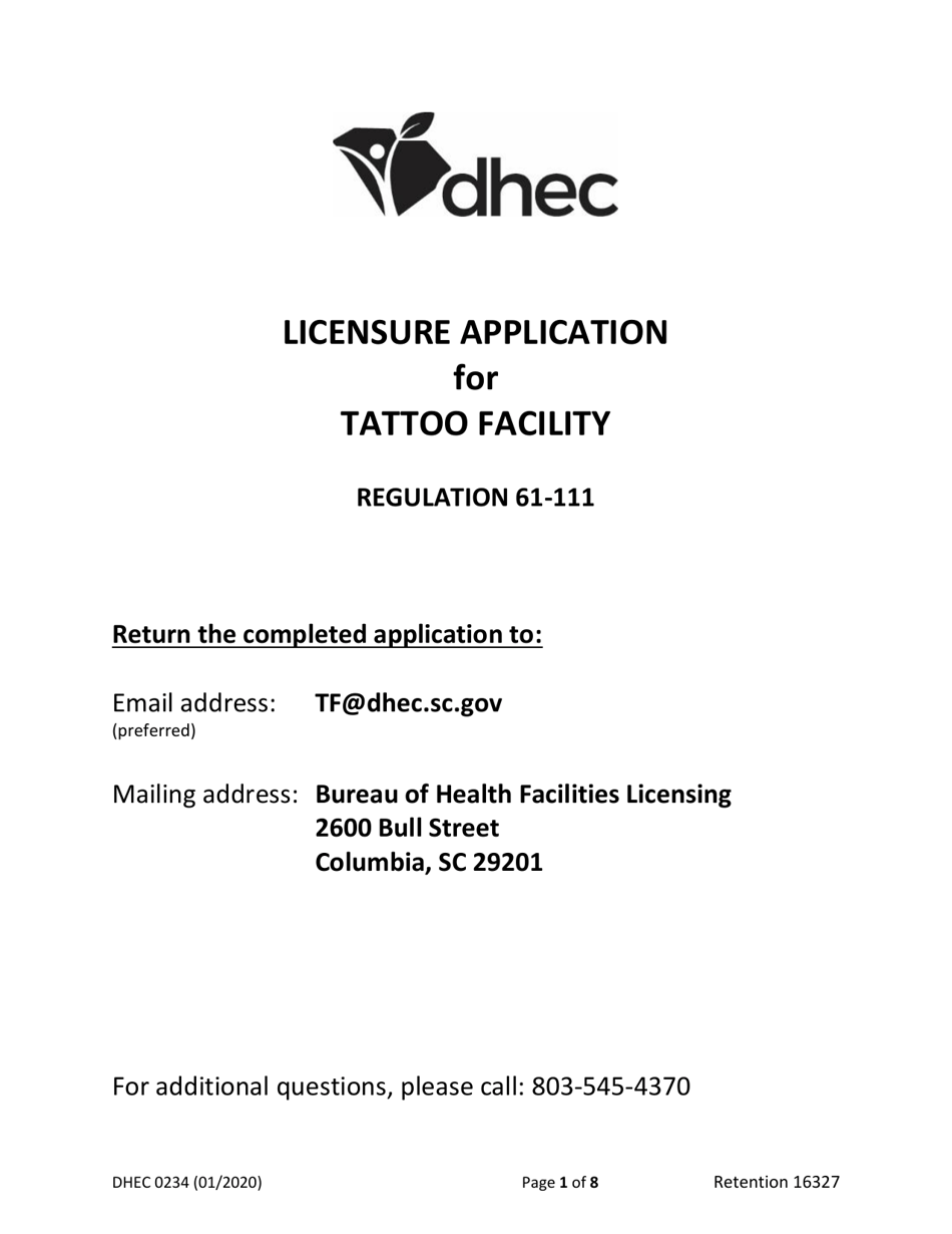 DHEC Form 0234 Licensure Application for Tattoo Facility - South Carolina, Page 1