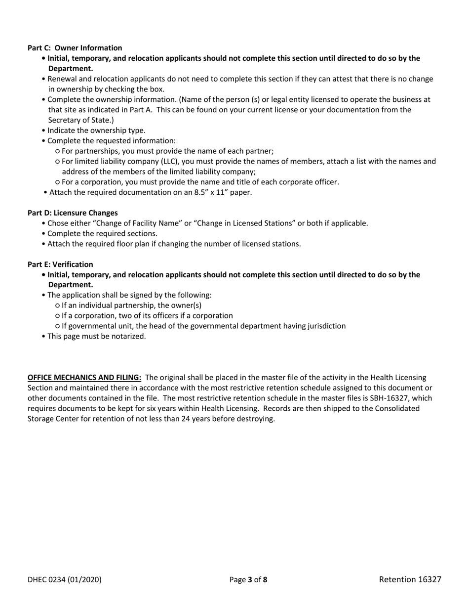 DHEC Form 0234 Licensure Application for Tattoo Facility - South Carolina, Page 3