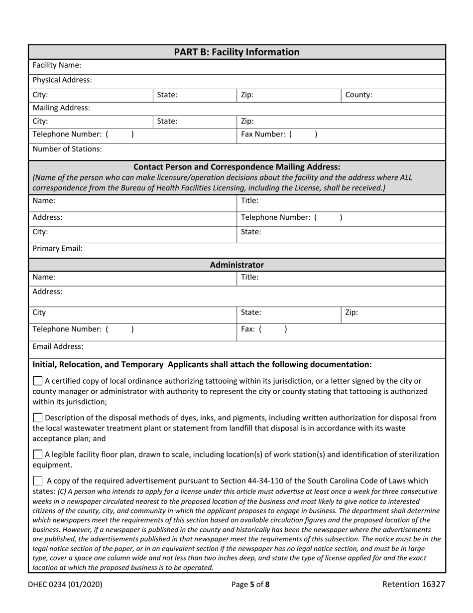 DHEC Form 0234 Licensure Application for Tattoo Facility - South Carolina, Page 5