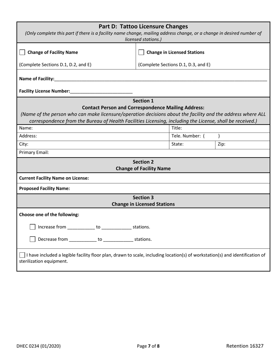 DHEC Form 0234 Licensure Application for Tattoo Facility - South Carolina, Page 7