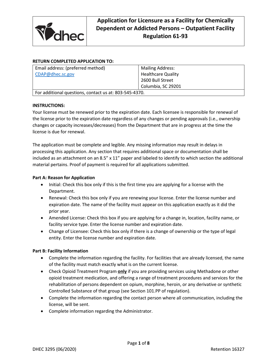 DHEC Form 3295 Application for Licensure as a Facility for Chemically Dependent or Addicted Persons - Outpatient Facility - South Carolina, Page 1