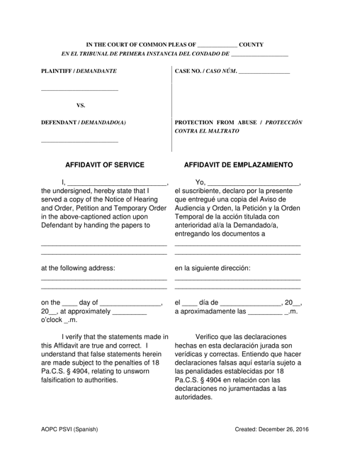Affidavit of Service - Pennsylvania (English/Spanish)