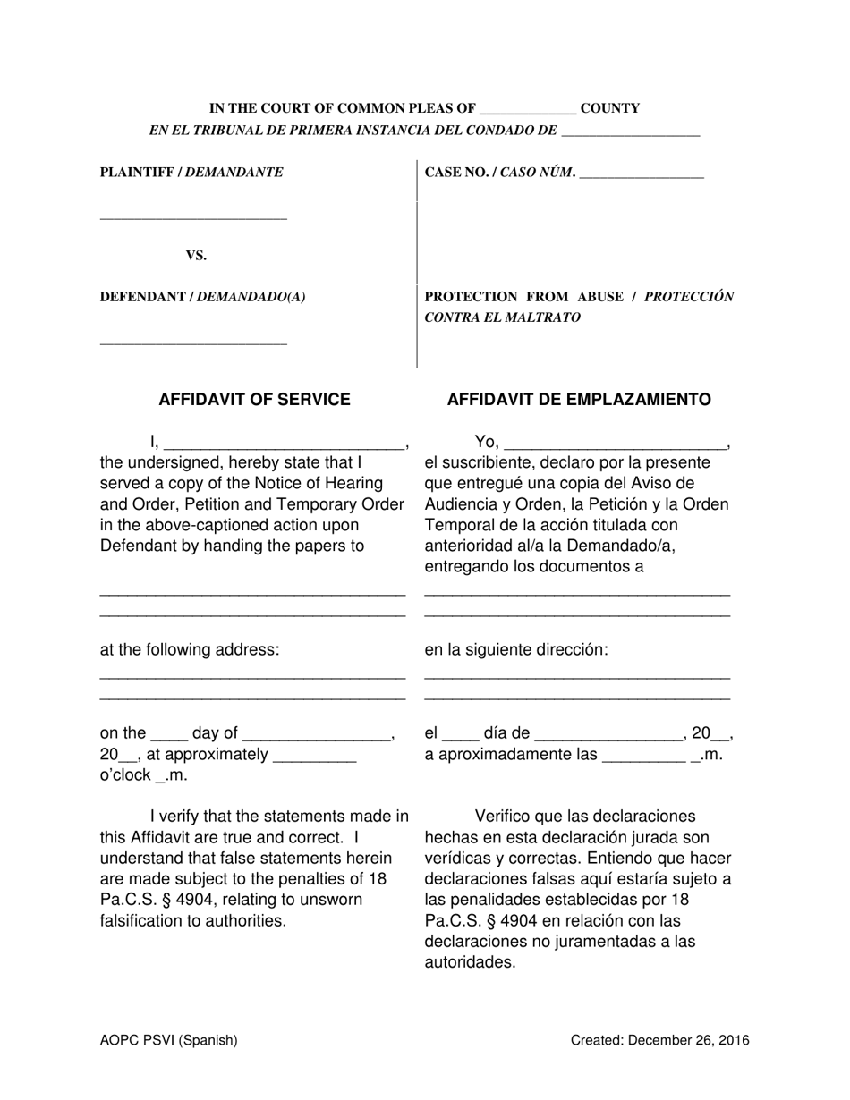 Affidavit of Service - Pennsylvania (English / Spanish), Page 1