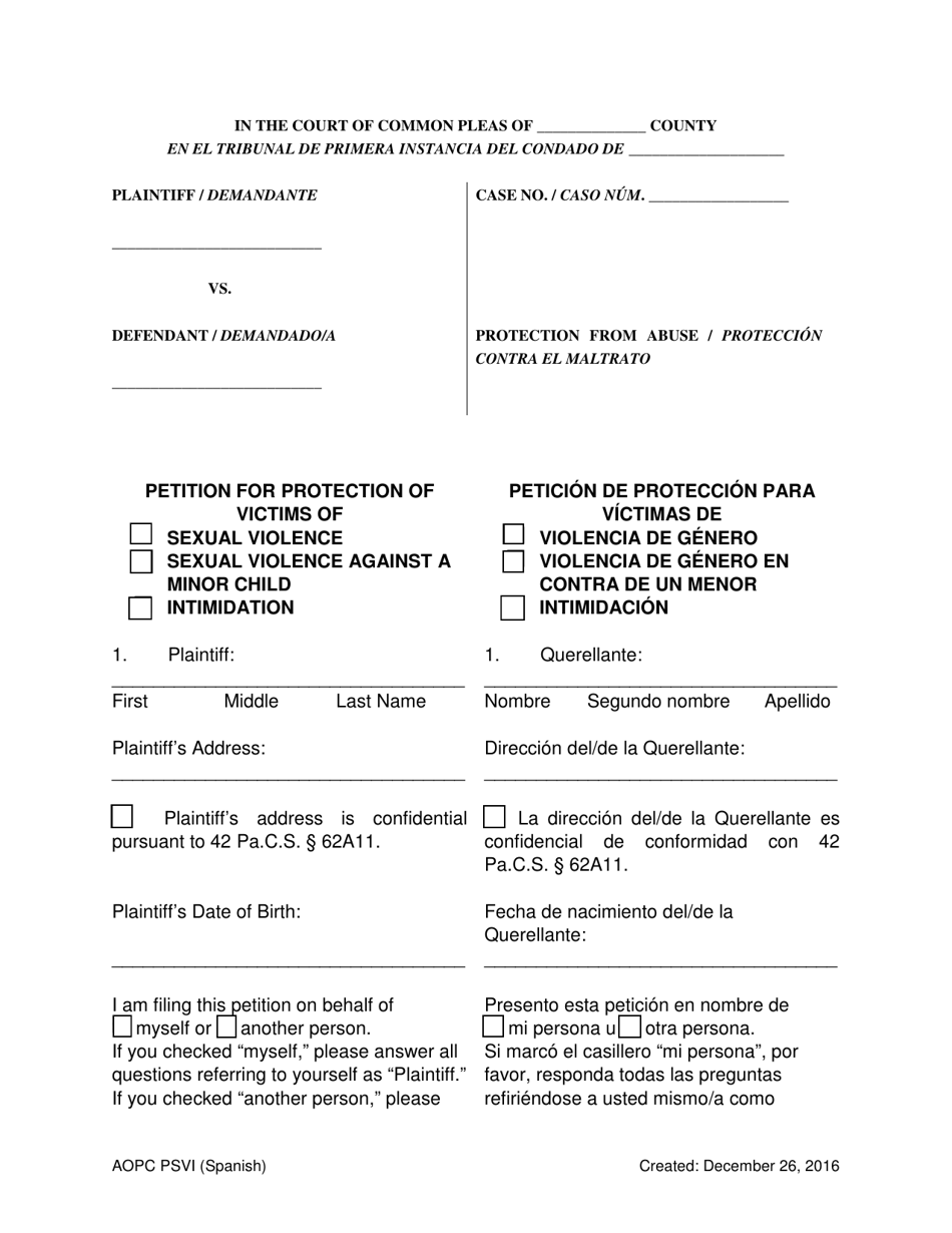 Petition for Protection of Victims - Pennsylvania (English / Spanish), Page 1