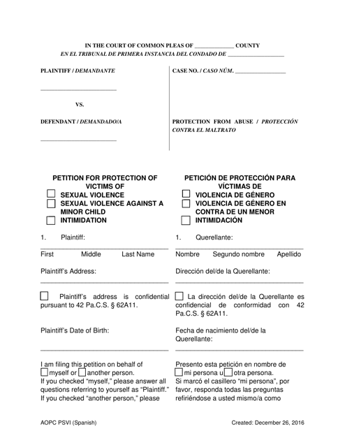 Petition for Protection of Victims - Pennsylvania (English / Spanish) Download Pdf