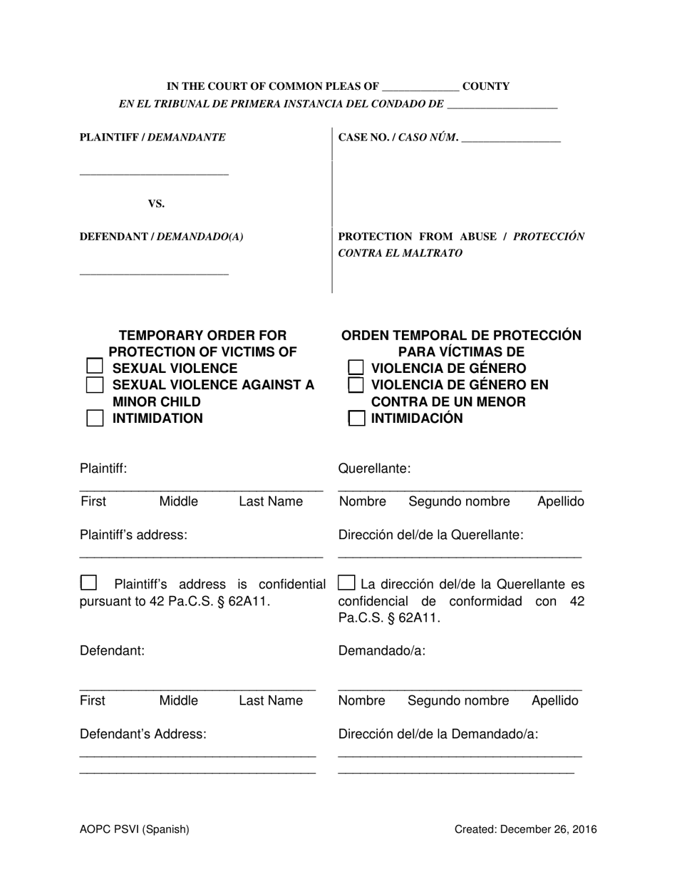 Temporary Order for Protection of Victims - Pennsylvania (English / Spanish), Page 1