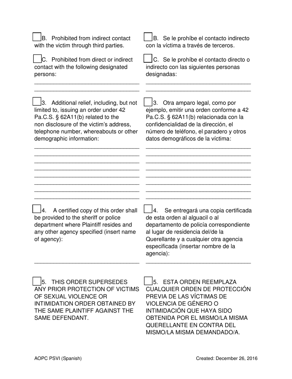 Temporary Order for Protection of Victims - Pennsylvania (English / Spanish), Page 3