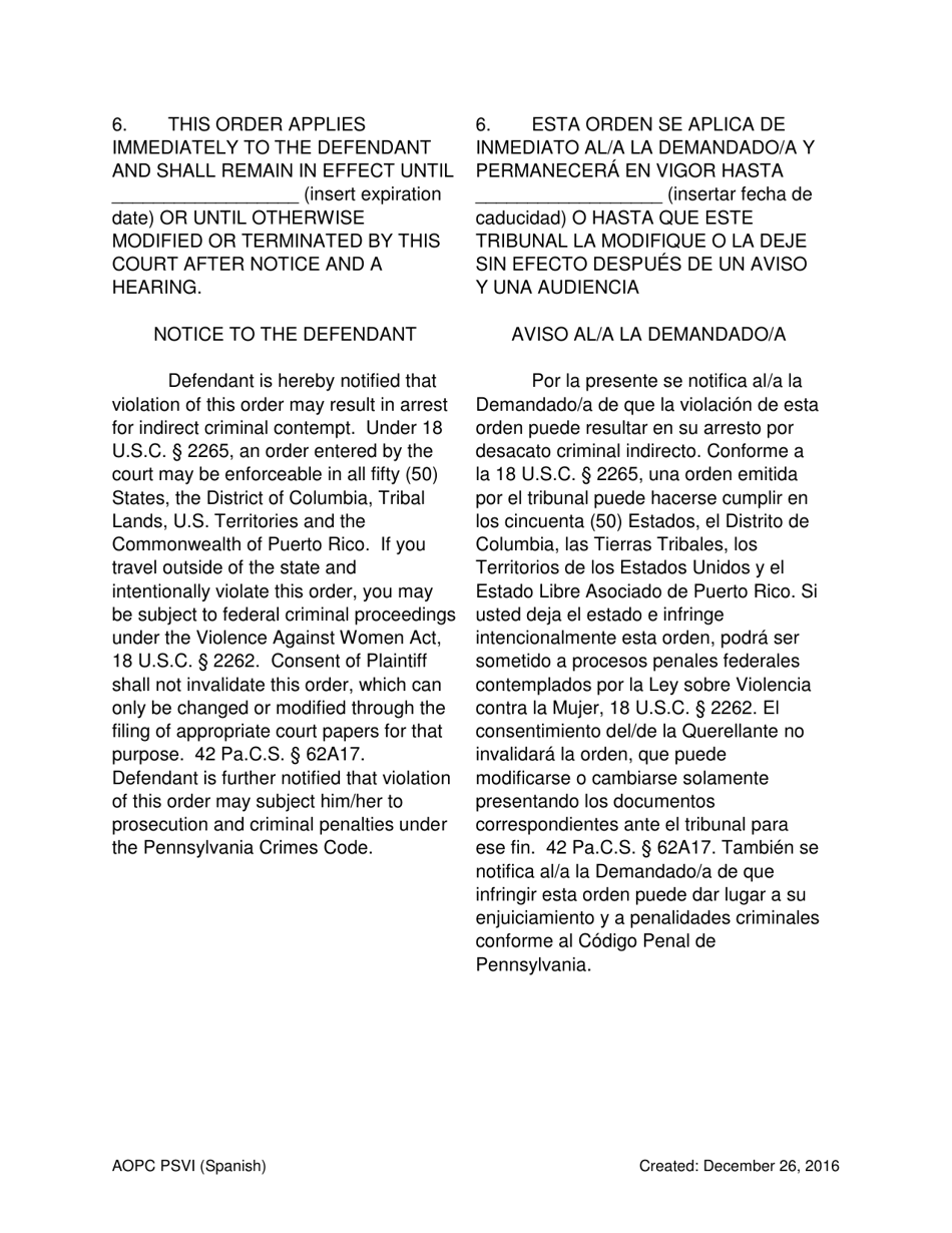 Temporary Order for Protection of Victims - Pennsylvania (English / Spanish), Page 4