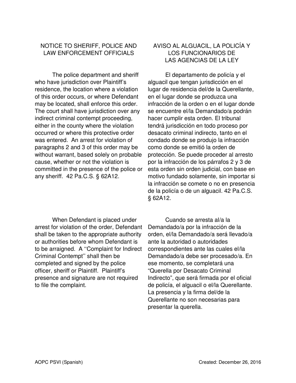 Temporary Order for Protection of Victims - Pennsylvania (English / Spanish), Page 5