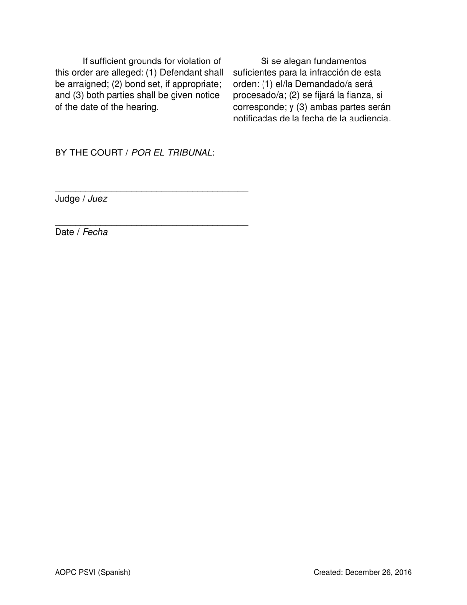 Temporary Order for Protection of Victims - Pennsylvania (English / Spanish), Page 6