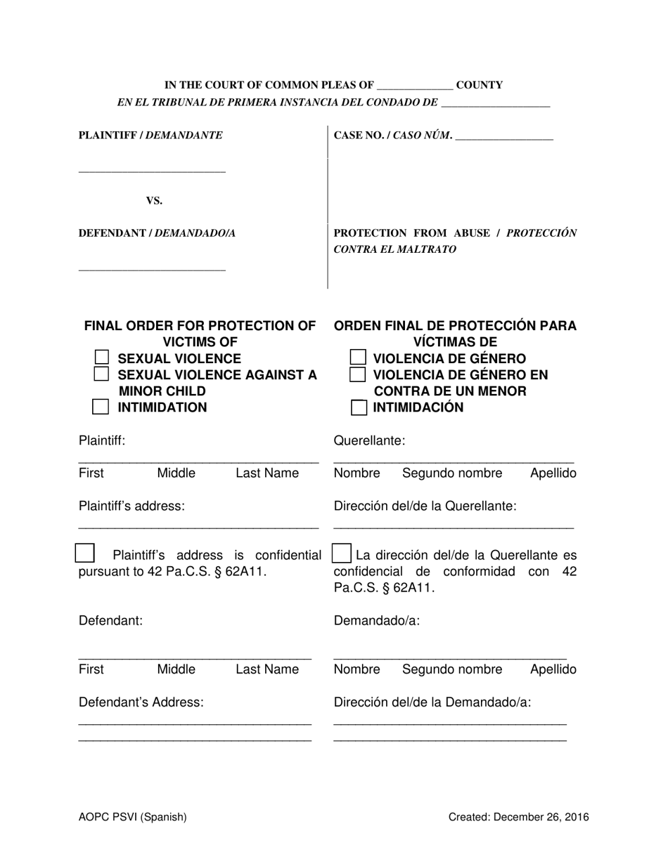 Final Order for Protection of Victims - Pennsylvania (English / Spanish), Page 1