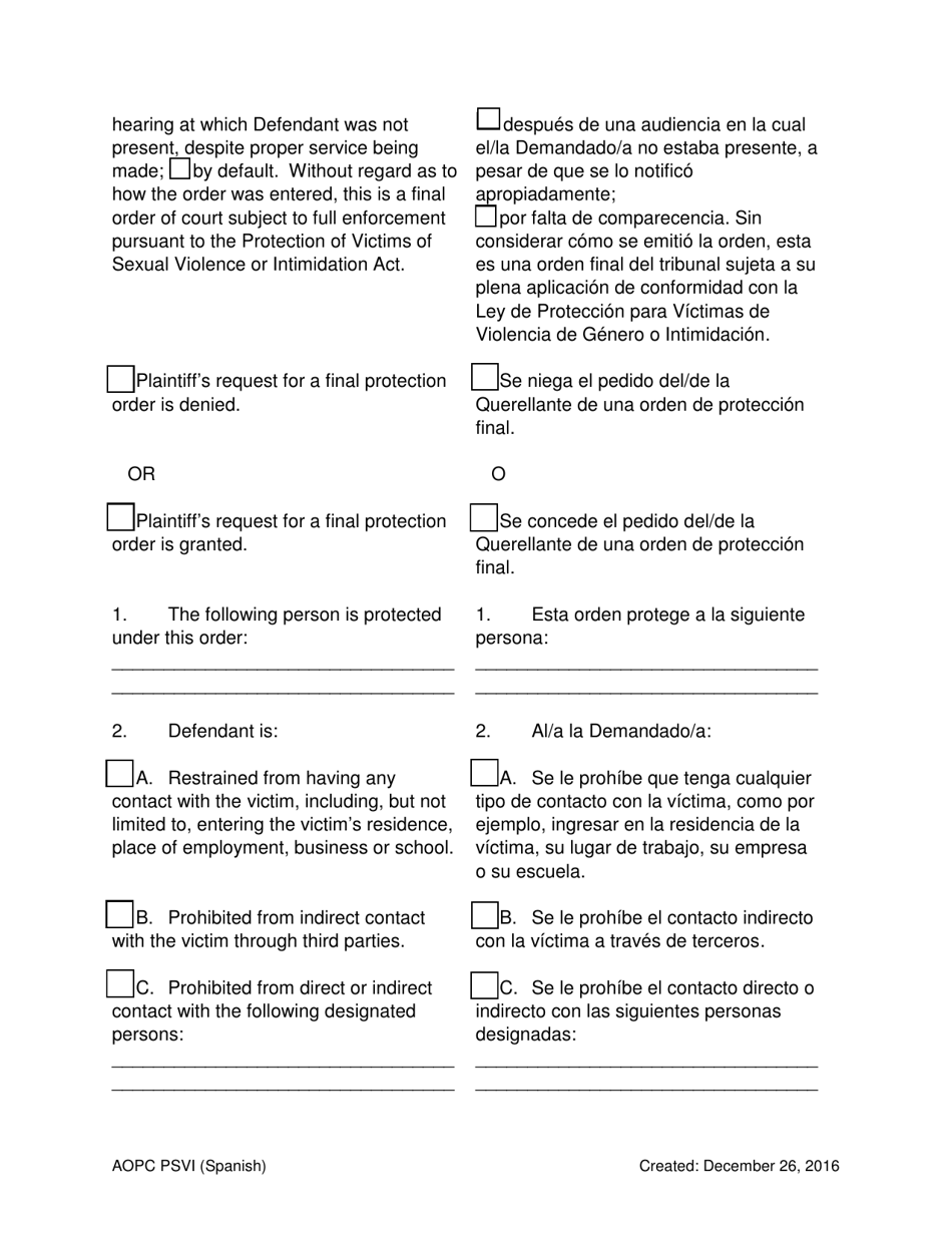 Final Order for Protection of Victims - Pennsylvania (English / Spanish), Page 3