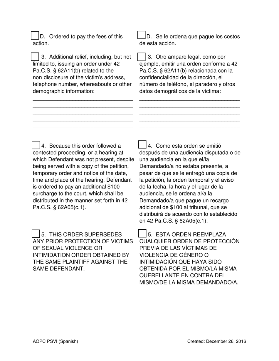 Final Order for Protection of Victims - Pennsylvania (English / Spanish), Page 4