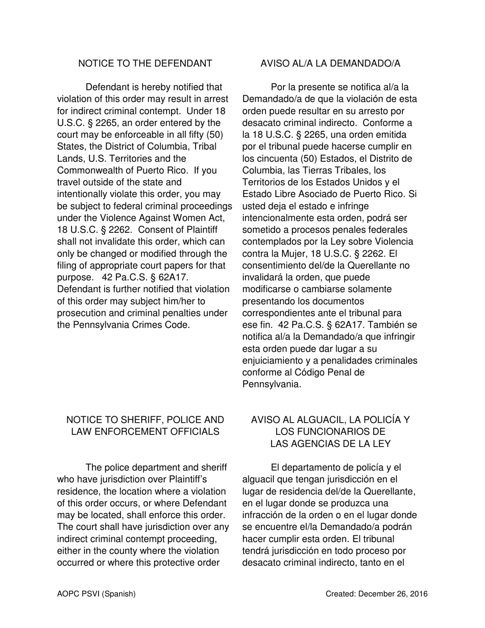 Final Order for Protection of Victims - Pennsylvania (English / Spanish), Page 5